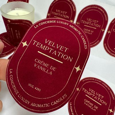 Eco Friendly Customized Print Logo Velvet Embossed Gold Candle Label Sticker cho lọ nến